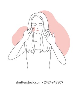 Girl applying makeup primer. Professional makeup guide, foundation cream line vector illustration