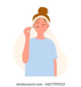 Girl applying mascara on lashes. Decorative beauty cosmetics cartoon vector illustration