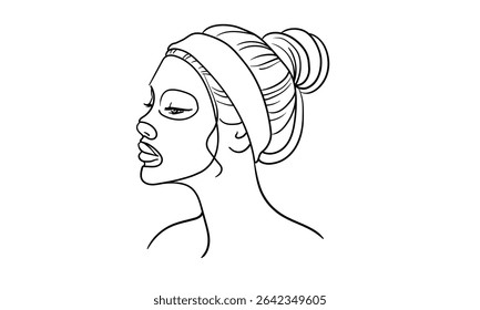 Menina aplicando máscara de folha hidratante no rosto, no perfil, desenho de linha continioso. Salão de spa, cuidados com o corpo, delineamento de beleza de rotina. Ilustração vetorial