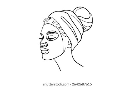 Girl applying moisturizing sheet mask on face, continious line drawing. Spa salon, body care, beauty routine outline. Vector illustration