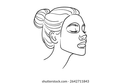 Girl applying moisturizing sheet mask on face, continious line drawing. Spa salon, body care, beauty routine outline. Vector illustration