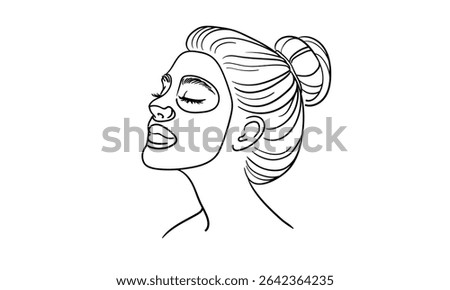 Girl applying moisturizing sheet mask on face, in profile, continious line drawing. Spa salon, body care, beauty routine outline. Vector illustration