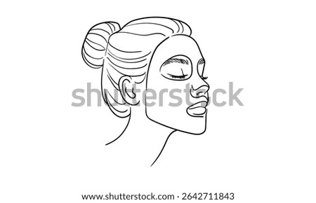 Girl applying moisturizing sheet mask on face, continious line drawing. Spa salon, body care, beauty routine outline. Vector illustration
