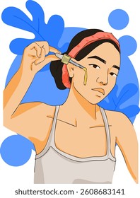 Girl applying oil on her face with a pipette. Vector illustration.
