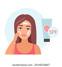Girl applying spf cream. Solar protective cream, body skin care flat vector illustration