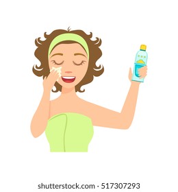 Girl Applying Sun Protecting Facial Lotion, Woman With Closed Eyes Doing Home Spa Procedure Illustration