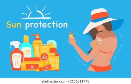 Girl applying sunscreen to her body. Protection cosmetics set with SPF UV filter. Summer vacation banner.