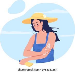 Girl applying sunscreen lotion on arms 2D vector isolated illustration. Skincare routine. Young woman in straw hat flat character on cartoon background. Spending time at beach colourful scene - Shutterstock ID 1983381554