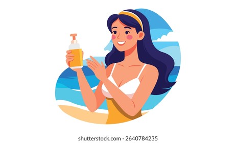 Girl applying sunscreen lotion on arms 2D vector isolated illustration. Skincare routine. Young woman in straw hat flat character on cartoon background. Spending time at beach colourful scene
