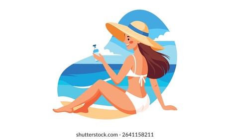 Girl applying sunscreen lotion on arms 2D vector isolated illustration. Skincare routine. Young woman in straw hat flat character on cartoon background. Spending time at beach colourful scene