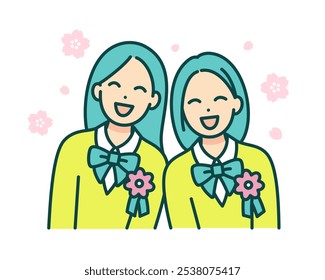 A girl at the April entrance ceremony. Vector illustration of a high school girl with a corsage on her chest.