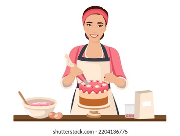 A girl in an apron is cooking a cake at home. Vector illustration.