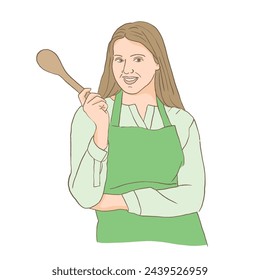 A girl in an apron is cooking. Kitchen utensils. Homemade food.