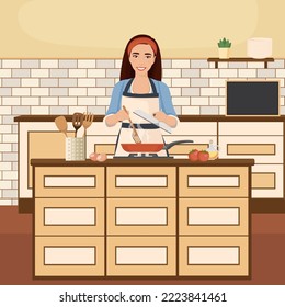 A girl in an apron is cooking. Vector illustration.