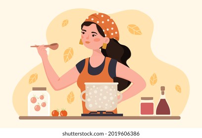 Girl in apron cooking. Woman holds ladle in her hands and tastes the soup. Healthy food made from fresh product aromatic herb and spice. Cartoon flat vector illustration isolated on a white background