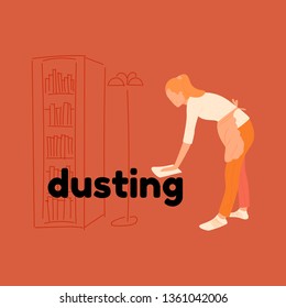 The girl in the apron is dusting. Home cleaning of the room of different surfaces with a rag.