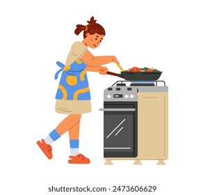 Girl in apron frying vegetables in a frying pan on a gas stove flat vector illustration isolated on white. Kid cooking a dinner.