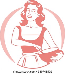 girl in an apron holding bowl a simple sign red circle