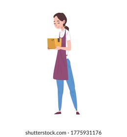 Girl in Apron Holding Cardboard Box, Young Woman Working with Parcels in Warehouse Cartoon Vector Illustration