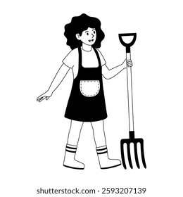 Girl in apron holding gardening fork, enjoying outdoor activity in sunny garden