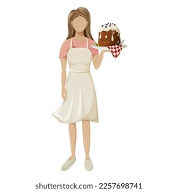 A girl in an apron holds an Easter cake decorated with white icing and blueberries. Willow branches. Cooking for the holiday. Vector illustration of a faceless character. Isolated background.