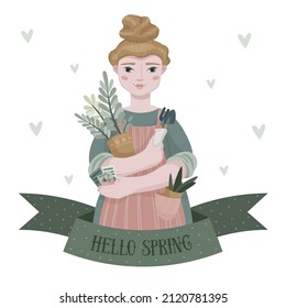 A girl in an apron holds gardening tools and a pot with a flower in her hands. The beginning of gardening. greeting card on the theme "Hello Spring"