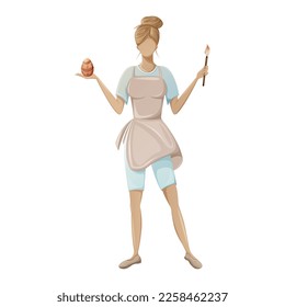 A girl in an apron holds a painted egg and a brush. The process of painting eggs for Easter. Vector illustration for the holiday. Faceless character. Isolated background.