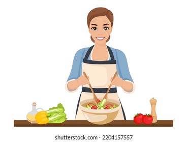 A girl in an apron is making salad. Vector illustration.