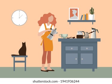A girl in an apron pours coffee into a cup.
