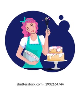 A girl in an apron is preparing a birthday cake. He smiles and kneads the cream. Postcard, illustration, layout, print.