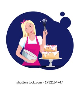 A girl in an apron is preparing a birthday cake. He smiles and kneads the cream. Postcard, illustration, layout, print.