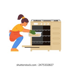 Girl in apron putting a bakery pan in a gas stove flat vector illustration isolated on white. Kid cooking.