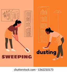 The girl in the apron was sweeping the floor with a mop. Home cleaning room.
