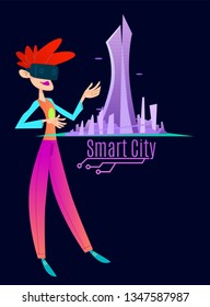 Girl in AR headset looking at the hologram of the city. Cartoon style illustration.