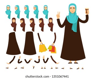 Girl or arab woman constructor heads and body parts isolated female character dress and packagings coffee cup shawl and gown hands and faces peace sign and drink gesture hijab traditional headdress