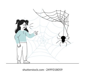 Girl with arachnophobia. Child afraid of spider on web. Fear and horror. Negative feelings and emotions. Mental disorder and phobia. Linear vector illustration isolated on white background