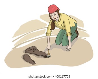 Girl Archaeologist Discovering Fossil. Cartoon illustration 