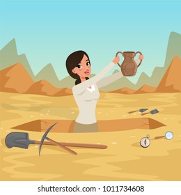 Girl archaeologist waist-deep in the pit with old jug in hands. Sky and rocky desert on the background. Archaeological tools. Ancient artifacts excavation. Flat vector