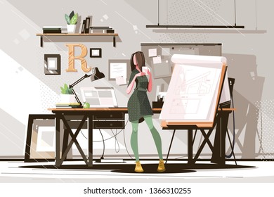 Girl architect working on project vector illustration. Hardworking woman drawing new plan and holding cup with hot coffee flat style concept. Studio interior