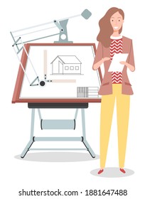 Girl architect working on project vector illustration. Hardworking smiling woman drawing new plan and holding pencil and paper sheet flat style concept. Scene with engineering drawing equipment culman