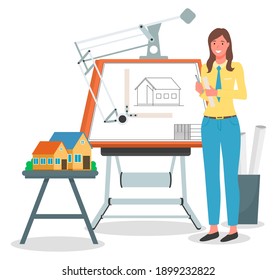 Girl architect working on project vector illustration. Hardworking smiling woman drawing new plan and holding pencil and paper sheet flat style concept. Scene with drawing equipment and house layout