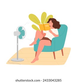 Girl in armchair reading with cooling fan. Home interior comfort, fresh air cartoon vector illustration