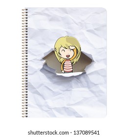 Girl around ring notebook with hole in the cover. Vector design.