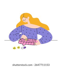 Girl arranges pills in a pillbox by days of the week. Vector hand drawn illustration.