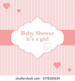 Girl arrival card. Baby shower card. Newborn baby card with heart. Vector illustration. The text is drawn, the text can be deleted