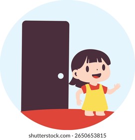 Girl arrives home standing by an open door with a cheerful expression, suitable for daily routine or welcoming-themed visuals.