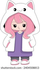 girl with an arrogant face, cool appearance wearing a jacket costume, cat shaped hoodie, creative illustration design