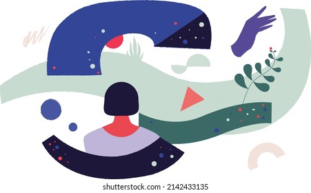 Girl in art gallery flat vector illustration. Abstract art