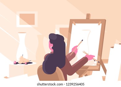 Girl in art school flat poster. Artist young woman sitting at easel and drawing with paint brushes still life of vase and fruits vector illustration. Concept of creative hobby