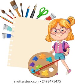 Girl with art supplies and blank paper
